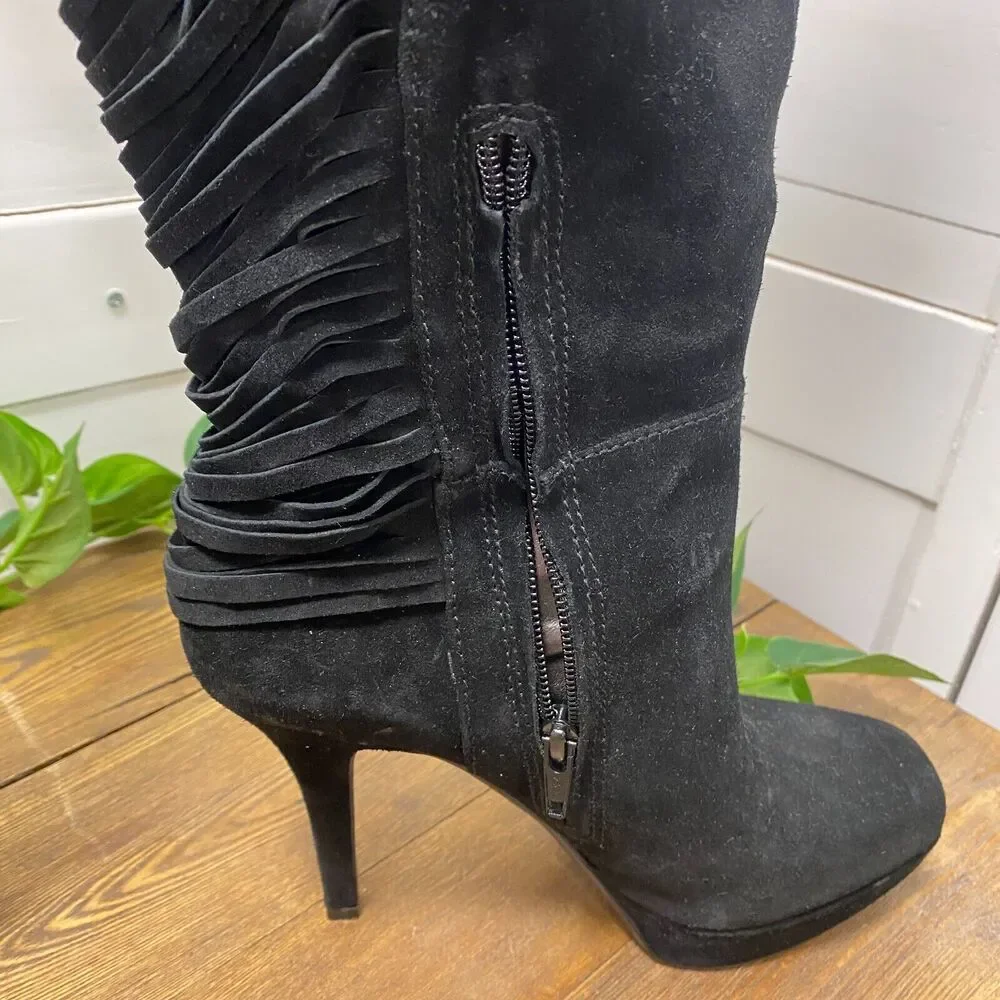Nine West Over The Knee BLACK SUEDE Leather Fringe Stiletto Heels Boots 7 1/2